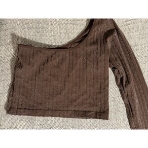 ANWND Brown Metallic Ribbed One Shoulder Long Sleeve Crop Top M/L WSL5005